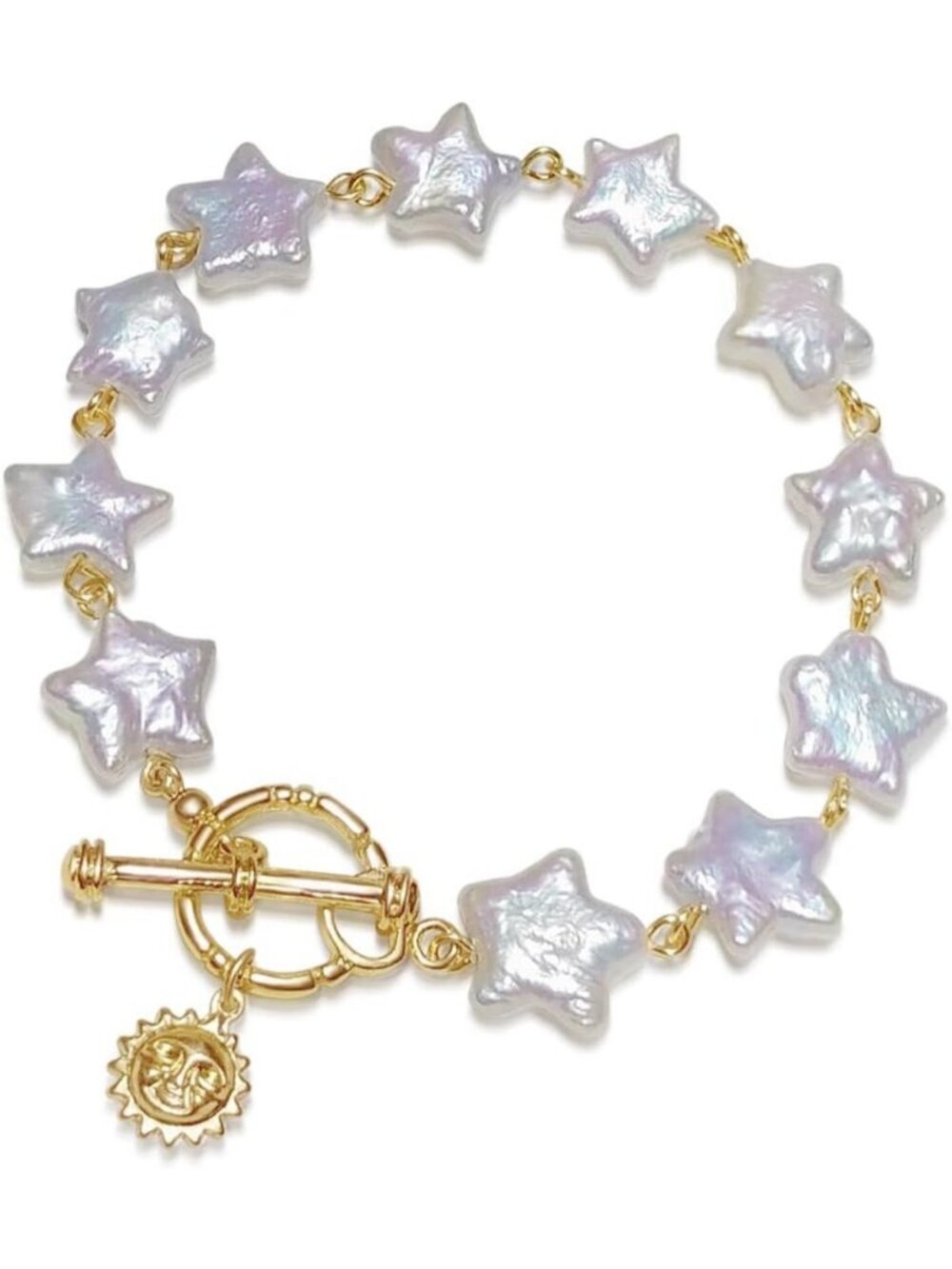 12MM Freshwater Pearl Bead Bracelet with Sunface Charm & Gold Star Adjustable